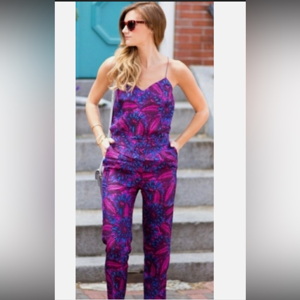 J. Crew Purple & Blue Printed Spaghetti-Strap Jumpsuit